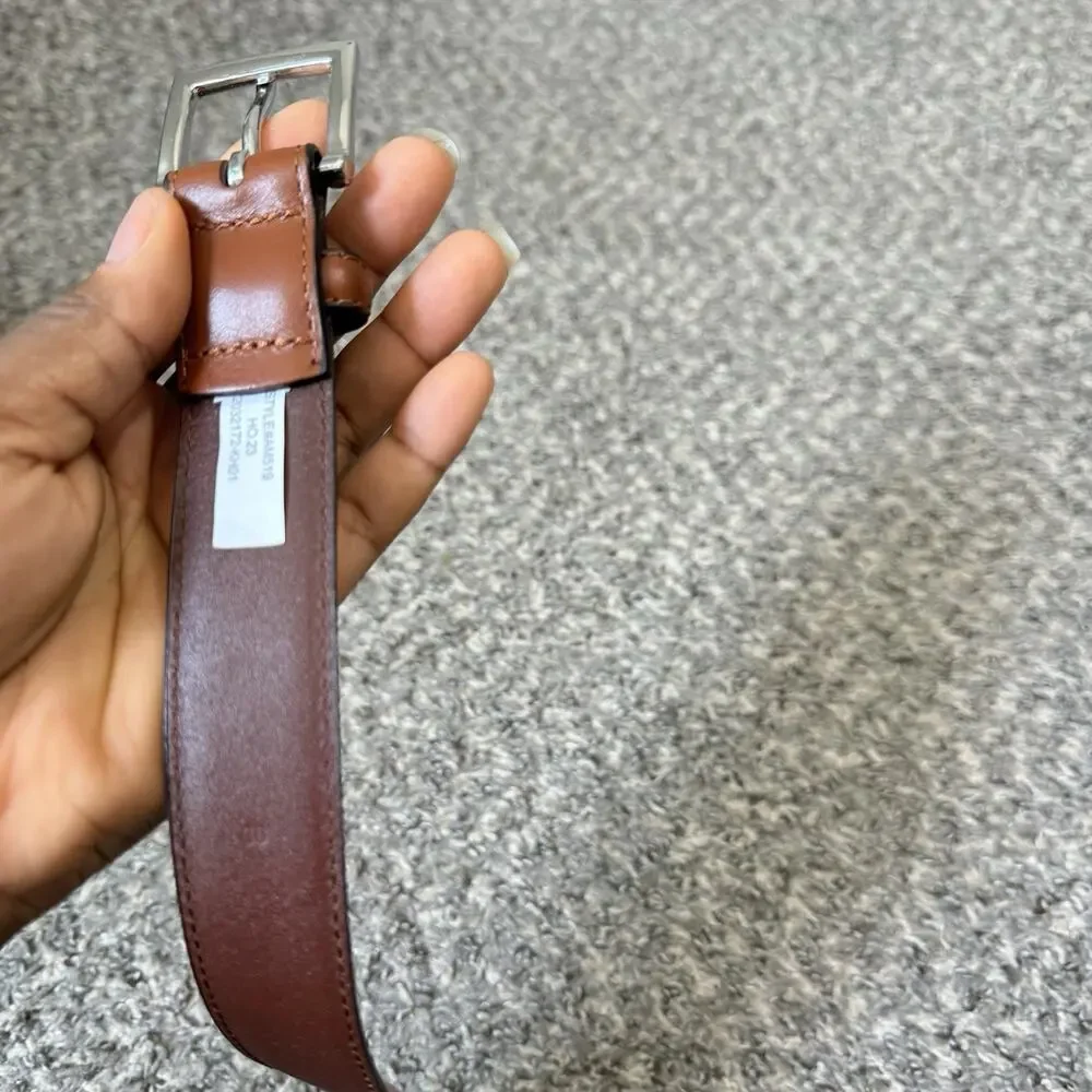 J Crew Dress Belt Mens Size 36 Brown Leather Silver Tone Buckle Made Cambodia